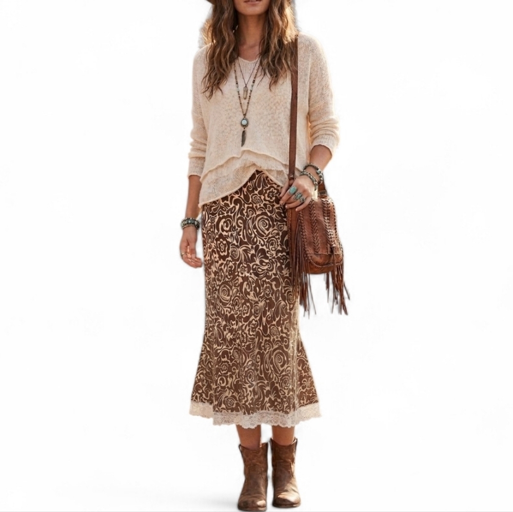 Nicole by Nicole Miller Vintage Brown Floral Lace Trim Midi Skirt Size 6